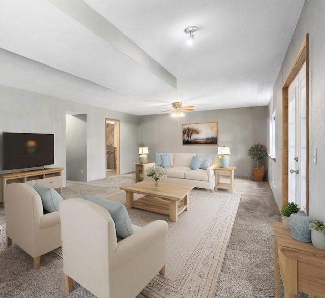 living room featuring light colored carpet and ceiling fan