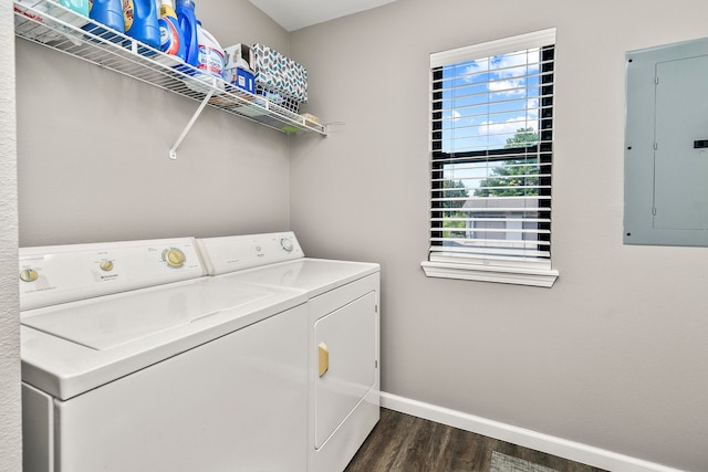 washroom with washer and dryer, electric panel, and dark hardwood / wood-style floors