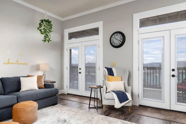 interior space with french doors, crown molding, and wood-type flooring