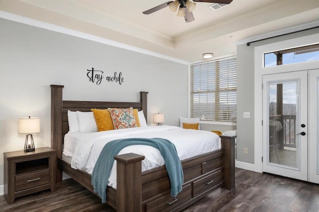 bedroom featuring ceiling fan, ornamental molding, access to exterior, and dark hardwood / wood-style flooring