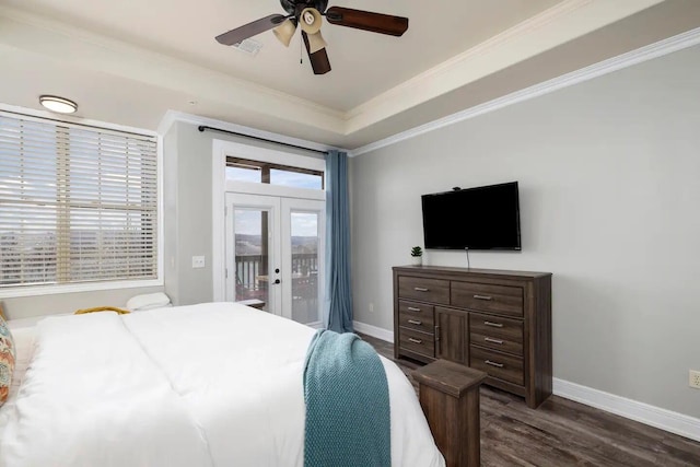 bedroom with ceiling fan, access to exterior, crown molding, dark wood-type flooring, and french doors