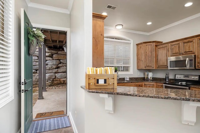 kitchen with stainless steel appliances, crown molding, and dark stone counters