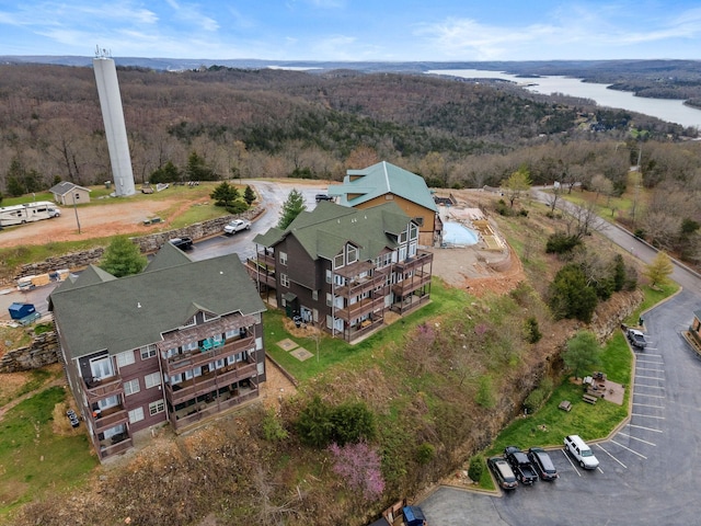 drone / aerial view with a water view