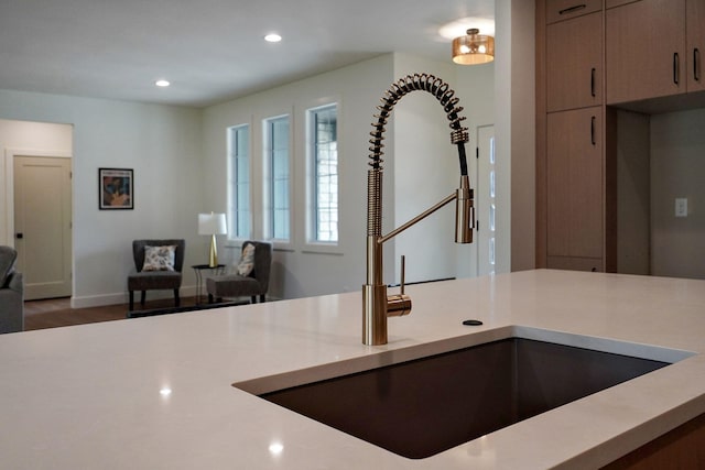 kitchen with sink and dark hardwood / wood-style flooring