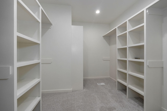 walk in closet with light colored carpet