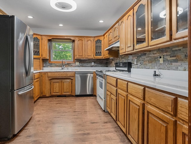 kitchen featuring decorative backsplash, light hardwood / wood-style flooring, appliances with stainless steel finishes, and sink