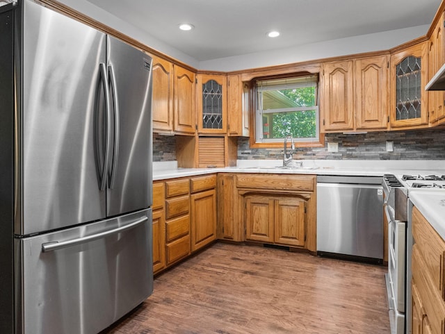 kitchen with wood-type flooring, stainless steel appliances, sink, and tasteful backsplash