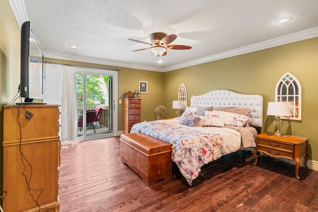 bedroom with crown molding, ceiling fan, wood-type flooring, and access to outside