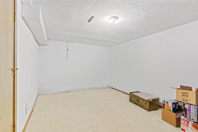 basement with carpet and a textured ceiling