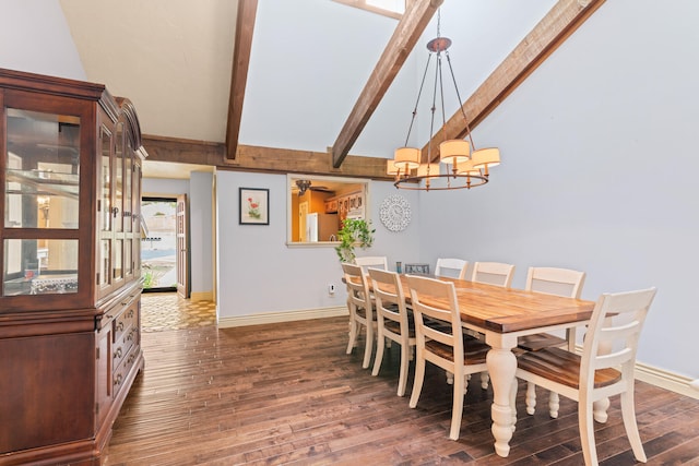 dining room featuring a chandelier, beamed ceiling, high vaulted ceiling, and dark hardwood / wood-style flooring