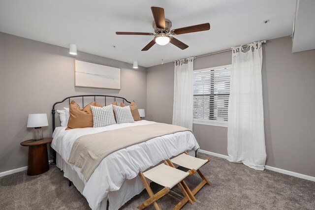 bedroom featuring ceiling fan and carpet