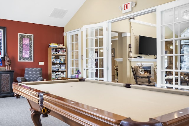 playroom featuring carpet floors, billiards, and vaulted ceiling