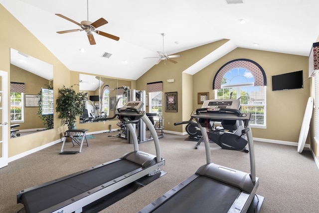 workout area with high vaulted ceiling, ceiling fan, and carpet flooring