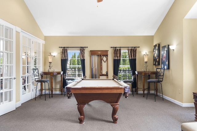 recreation room with lofted ceiling, carpet flooring, and pool table