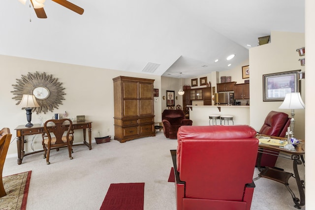 living room with light carpet, vaulted ceiling, and ceiling fan