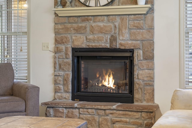 room details featuring a stone fireplace