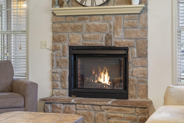 interior details featuring a stone fireplace