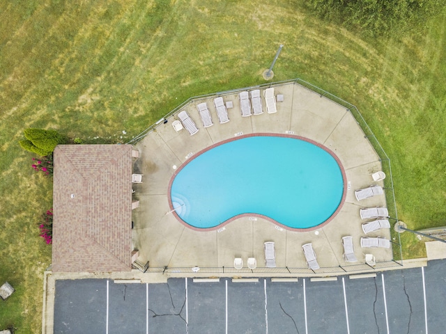 view of swimming pool with a yard and a patio