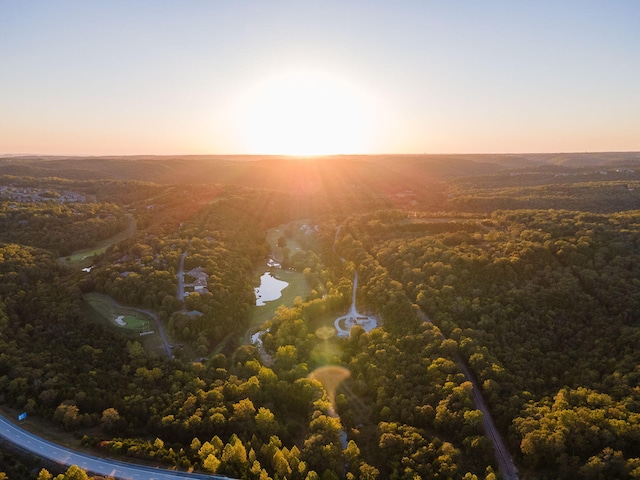 aerial view at dusk featuring a wooded view