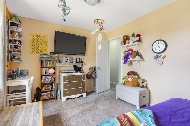 bedroom with light colored carpet