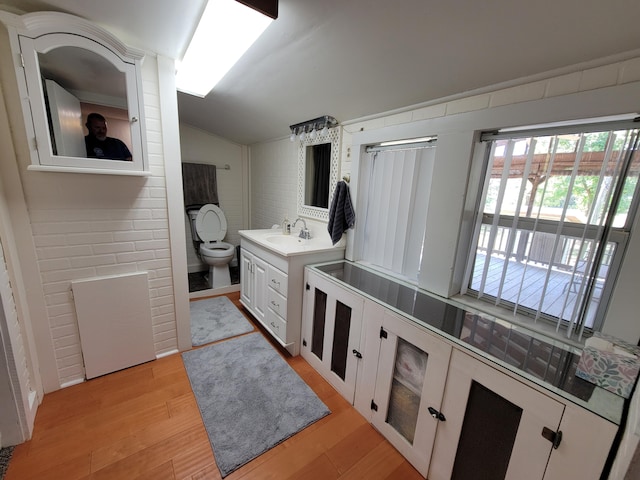 bathroom featuring vanity, lofted ceiling, toilet, and hardwood / wood-style flooring