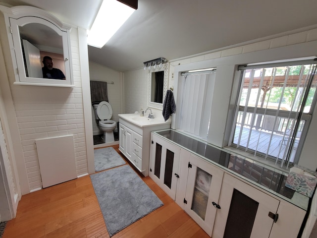 full bath featuring vaulted ceiling, wood finished floors, vanity, and toilet
