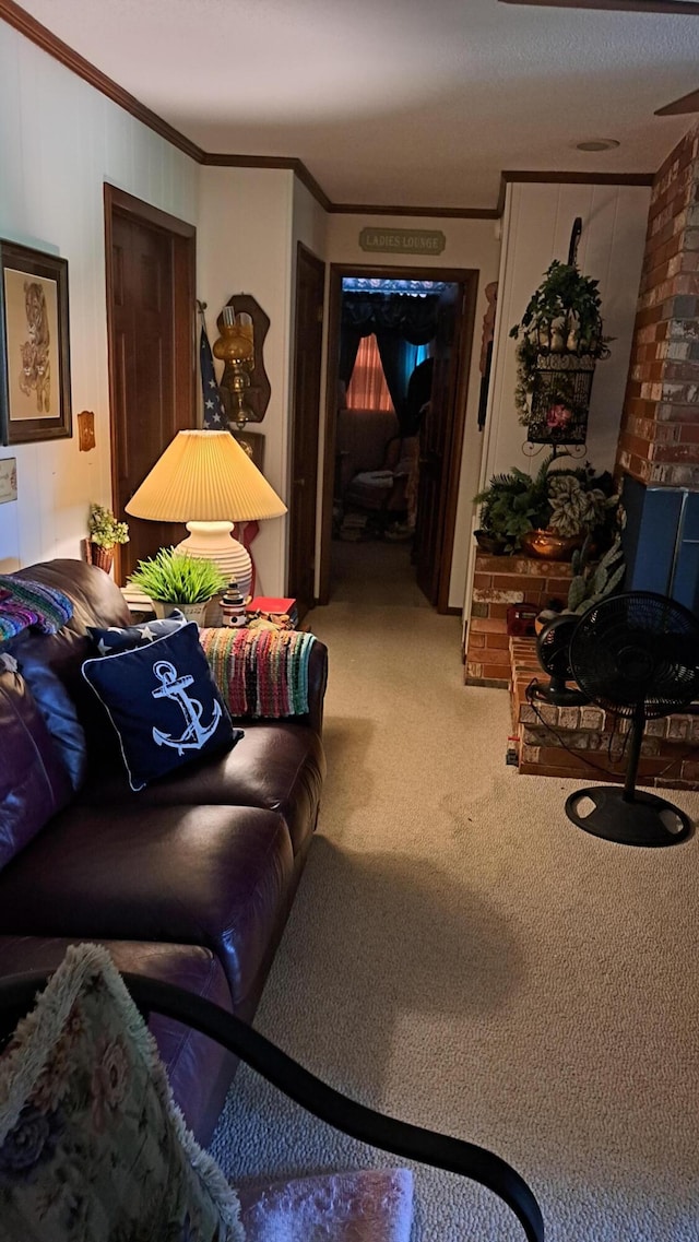 carpeted living room with crown molding