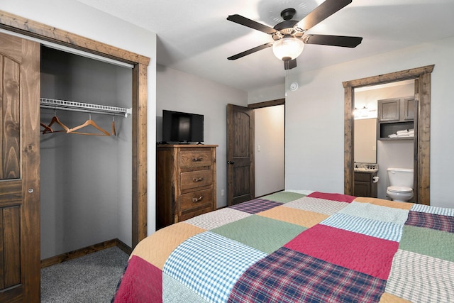 bedroom featuring ceiling fan, carpet floors, a closet, and connected bathroom