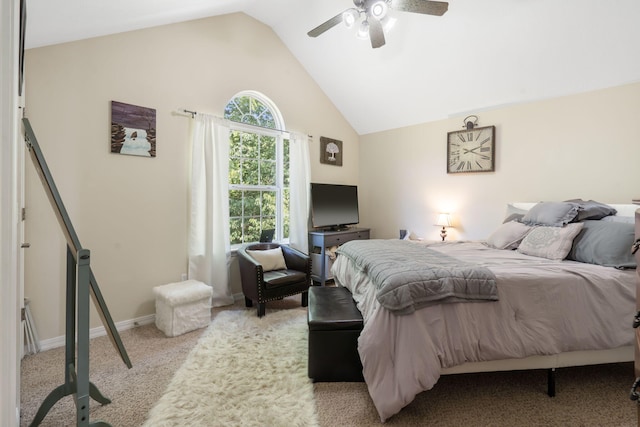 bedroom with light carpet, ceiling fan, and vaulted ceiling