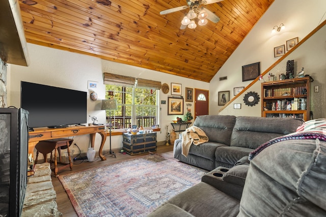 living room with wood-type flooring, wood ceiling, high vaulted ceiling, and ceiling fan