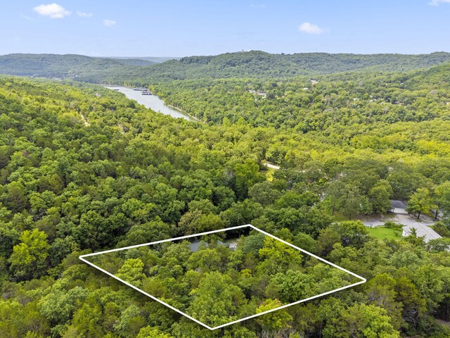 aerial view with a view of trees and a water and mountain view