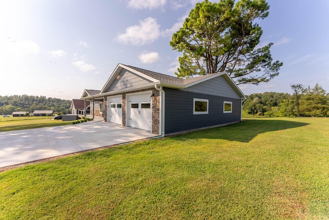 view of property exterior featuring a lawn and a garage