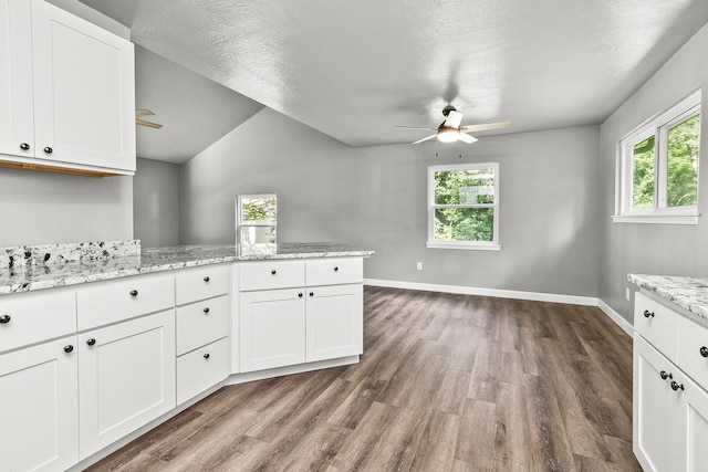 kitchen featuring white cabinetry, light stone countertops, vaulted ceiling, and hardwood / wood-style flooring