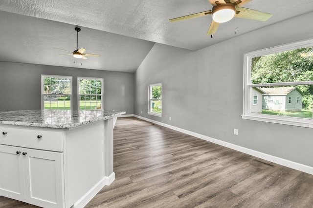 kitchen featuring wood-type flooring, white cabinetry, lofted ceiling, and light stone counters