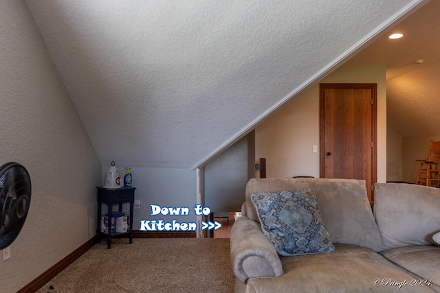 interior space with lofted ceiling, carpet, a textured wall, and a textured ceiling
