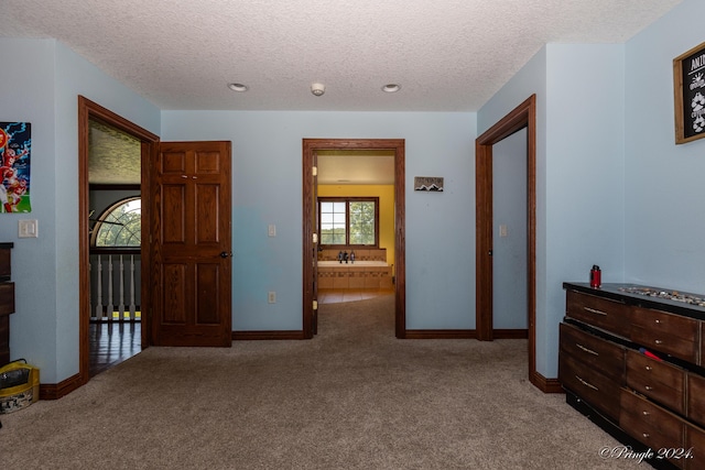 bedroom featuring carpet, baseboards, and a textured ceiling