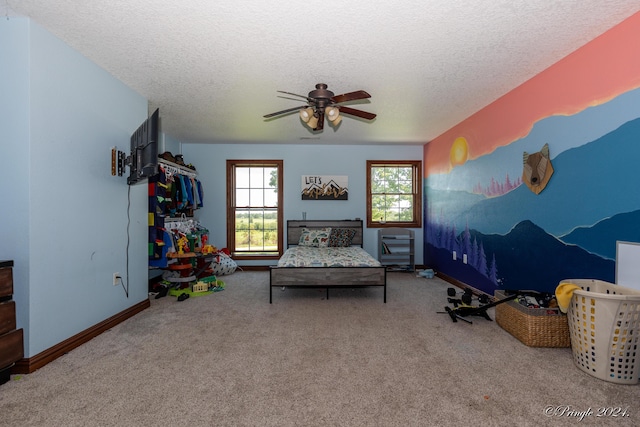 interior space with carpet, a textured ceiling, a ceiling fan, and baseboards