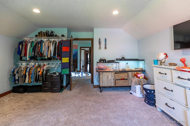 carpeted bedroom featuring lofted ceiling, a textured ceiling, and a closet