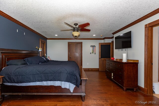 bedroom with a textured ceiling, baseboards, recessed lighting, dark wood-type flooring, and ornamental molding