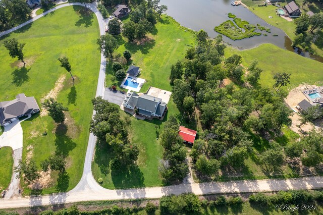 drone / aerial view featuring a water view