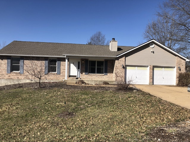 single story home featuring an attached garage, brick siding, a shingled roof, driveway, and a chimney