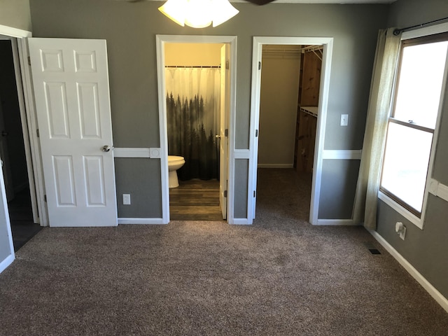 unfurnished bedroom featuring multiple windows, a spacious closet, carpet floors, and a closet