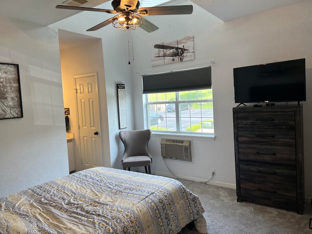 carpeted bedroom featuring a wall mounted AC and ceiling fan