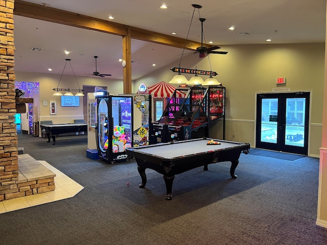 recreation room featuring carpet floors, beamed ceiling, billiards, and ceiling fan