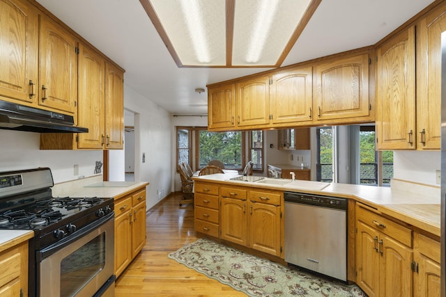 kitchen with sink, stainless steel appliances, light hardwood / wood-style floors, and kitchen peninsula