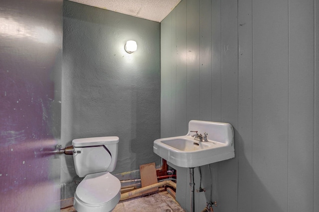 half bath with toilet and wood walls