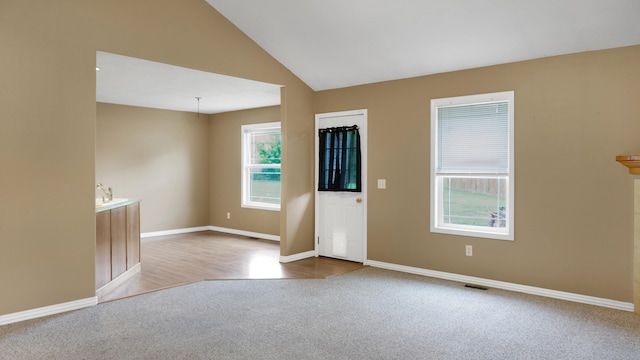 entryway featuring wood-type flooring and lofted ceiling