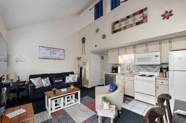 tiled living room featuring high vaulted ceiling, sink, and beamed ceiling