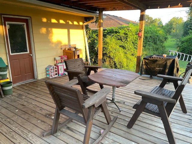 wooden deck featuring a mountain view