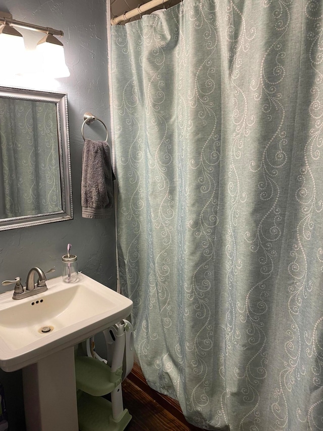 bathroom featuring wood-type flooring and walk in shower